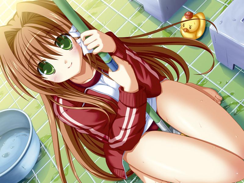 1girl bangs barefoot bath bath_stool between_legs blush broom brown_hair bucket clover_point double_vertical_stripe from_above game_cg green_eyes gym_uniform hair_between_eyes hair_intakes hair_ribbon holding inamori_mahoshi indoors jacket kneeling long_hair looking_at_viewer looking_up meteor_(company) open_clothes open_jacket pool ribbon rubber_duck school_uniform serafuku shirt smile solo stool thigh_gap tile_floor tiles tress_ribbon unzipped very_long_hair water yuyi