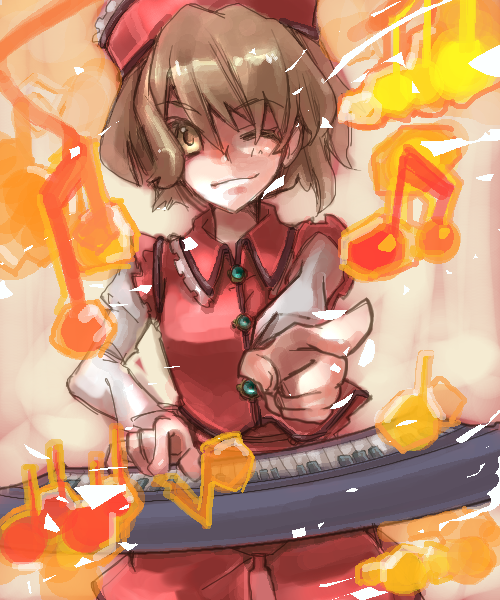 1girl brown_hair cosmic_chicken female finger_pointing gesture instrument inuinui keyboard keyboard_(instrument) lyrica_prismriver pointing short_hair solo touhou