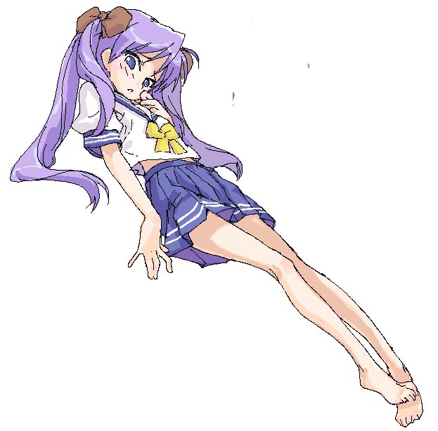 1girl arm_at_side bangs bare_legs barefoot blouse blue_eyes blue_skirt blush bow brown_bow full_body hair_bow hand_to_own_mouth hiiragi_kagami irigomame long_hair looking_at_viewer lucky_star miniskirt pleated_skirt purple_hair school_uniform serafuku short_sleeves simple_background skirt solo twintails white_background white_blouse yellow_bow