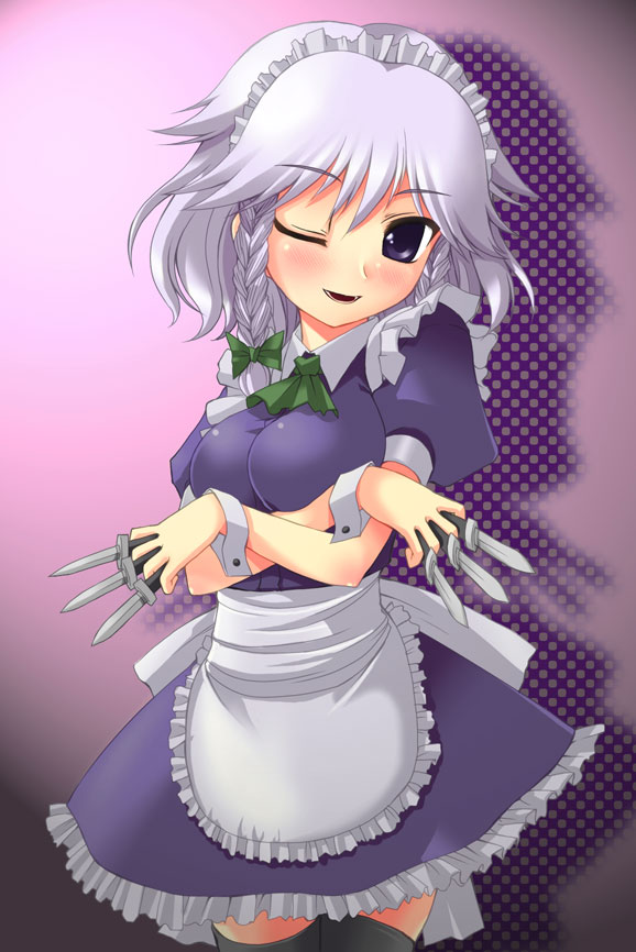 1girl between_fingers braid breast_squeeze breasts female frills izayoi_sakuya knife maid short_hair silver_hair solo thigh-highs throwing_knife tilm touhou twin_braids weapon wink
