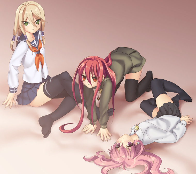 3girls alastor_(shakugan_no_shana) busou_renkin feet hair_tubes jewelry kugimiya_rie louise_francoise_le_blanc_de_la_valliere miniskirt multiple_girls pendant piyodera_mucha redhead school_uniform seiyuu_connection serafuku shakugan_no_shana shana skirt thigh-highs victoria victoria_(busou_renkin) zero_no_tsukaima zettai_ryouiki