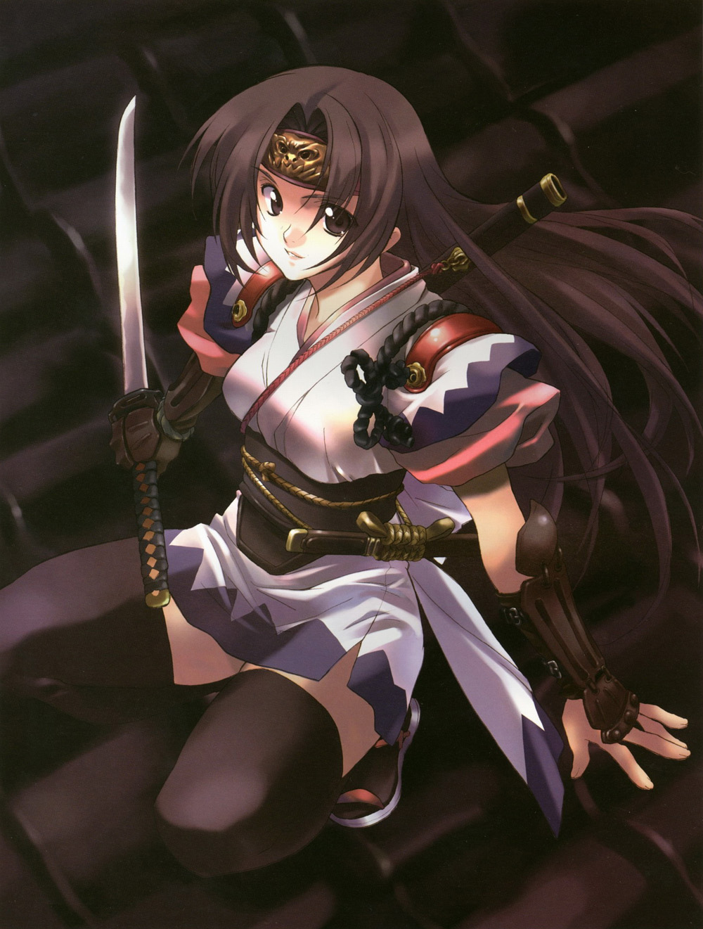 1girl brown_eyes brown_hair highres long_hair matsumoto_noriyuki ninja solo sword thigh-highs weapon