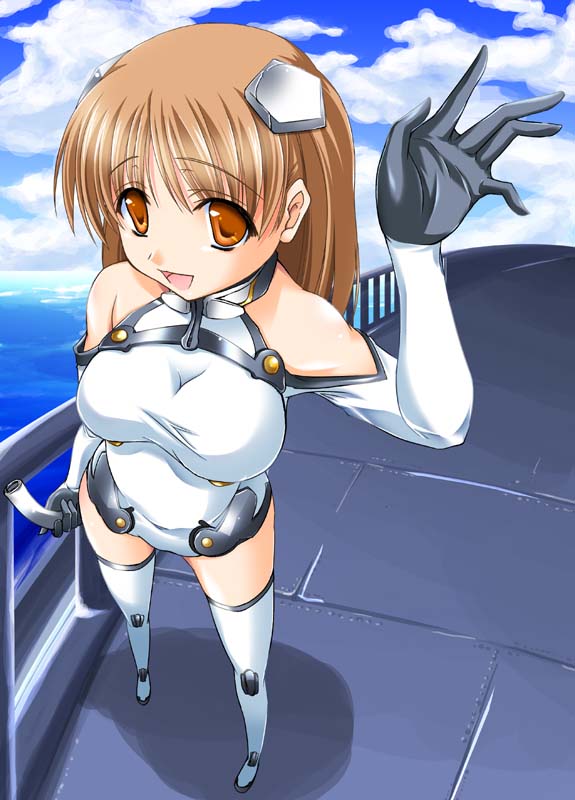 1girl :d alternate_breast_size alternate_hair_length alternate_hairstyle bare_shoulders boots breasts brown_hair cable clouds covered_navel day elbow_gloves foreshortening from_above full_body gloves hair_ornament halterneck hand_up headgear large_breasts leotard long_hair looking_at_viewer maho_(yakimorokoshi) motionslit ocean older open_mouth orange_eyes outdoors pilot_suit sakurano_otoha shadow sky sky_girls smile solo standing taut_clothes thigh-highs turtleneck water waving white_boots white_gloves white_legwear