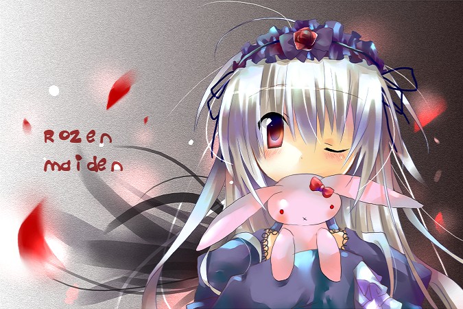 00s 1girl ;) black_dress black_wings blush dress hairband lolita_hairband long_hair looking_at_viewer one_eye_closed petals red_eyes rose_petals rozen_maiden silver_hair smile solo stuffed_animal stuffed_bunny stuffed_toy suigintou upper_body wings