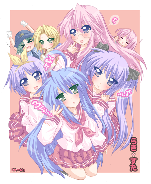 6+girls eimu glasses hiiragi_kagami hiiragi_tsukasa izumi_konata kobayakawa_yutaka kuroi_nanako lucky_star multiple_girls narumi_yui siblings sisters takara_miyuki twins