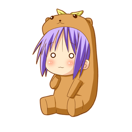 1girl :3 animal_costume bear_costume bear_tsukasa capybara-san chibi hiiragi_tsukasa lowres lucky_star minami_(colorful_palette) o_o purple_hair short_hair simple_background sitting solo