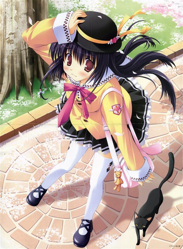 1girl black_cat cat crease hat ikegami_akane ribbon school_uniform serafuku skirt solo thigh-highs uniform wind