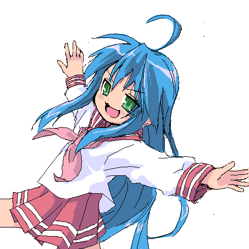 &gt;:d 1girl :d ahoge blush green_eyes izumi_konata long_hair long_sleeves looking_at_viewer lowres lucky_star mole mole_under_eye open_mouth outstretched_arms pleated_skirt red_skirt sailor_collar school_uniform serafuku sidelocks simple_background skirt smile solo very_long_hair white_background