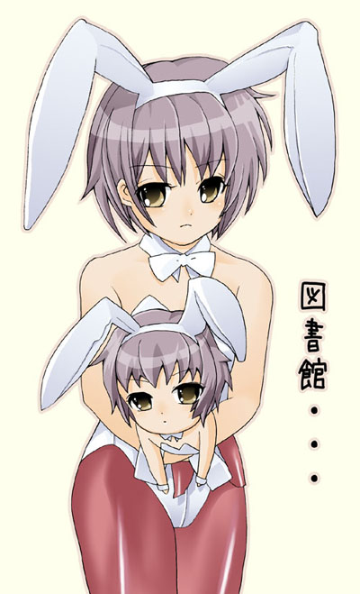 animal_ears bunny_girl bunnysuit mayumi nagato_yuki pantyhose rabbit_ears silver_hair suzumiya_haruhi_no_yuuutsu translated yellow_eyes