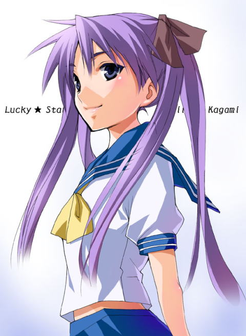 1girl azu blue_eyes blue_skirt closed_mouth hiiragi_kagami long_hair looking_at_viewer lucky_star neckerchief pink_hair puffy_short_sleeves puffy_sleeves sailor_collar school_uniform serafuku short_sleeves sidelocks simple_background skirt smile solo twintails white_background