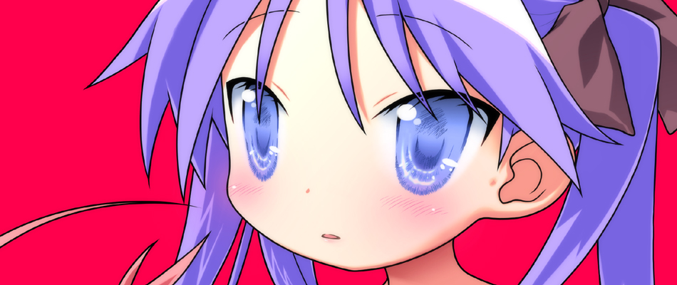 1girl blue_eyes blush close-up expressionless eyelashes face hiiragi_kagami kurosu_tsugutoshi long_hair looking_at_viewer lucky_star open_mouth pink_background purple_hair red_background simple_background solo tsurime twintails upper_body