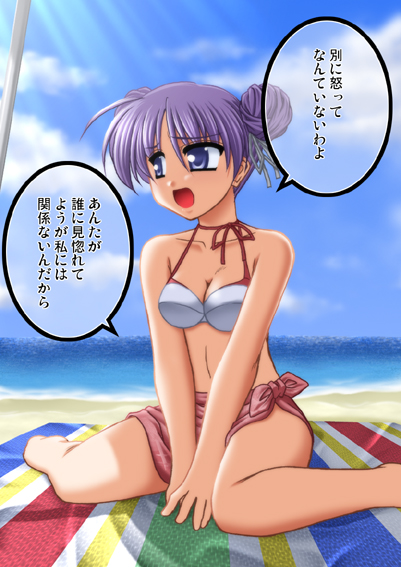 1girl alternate_hairstyle beach bikini breasts cleavage double_bun hiiragi_kagami kiryuu_makoto lucky_star osamada_meika solo swimsuit translation_request