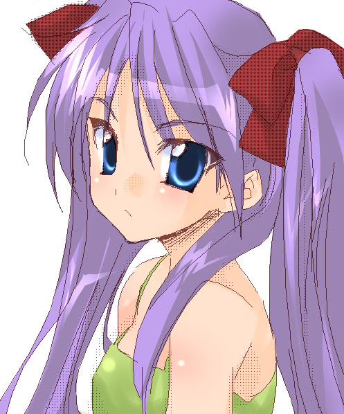 1girl bare_shoulders blue_eyes blush body_blush bow frown hair_bow hiiragi_kagami long_hair looking_at_viewer lucky_star pink_hair red_bow simple_background solo utsubo_kazura white_background