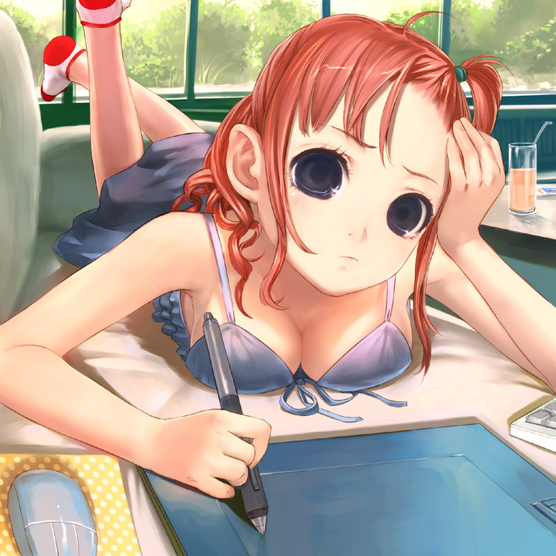 1girl blue_eyes breast_press breasts cleavage cup dress drinking_glass lying on_stomach redhead socks solo tablet uni wacom