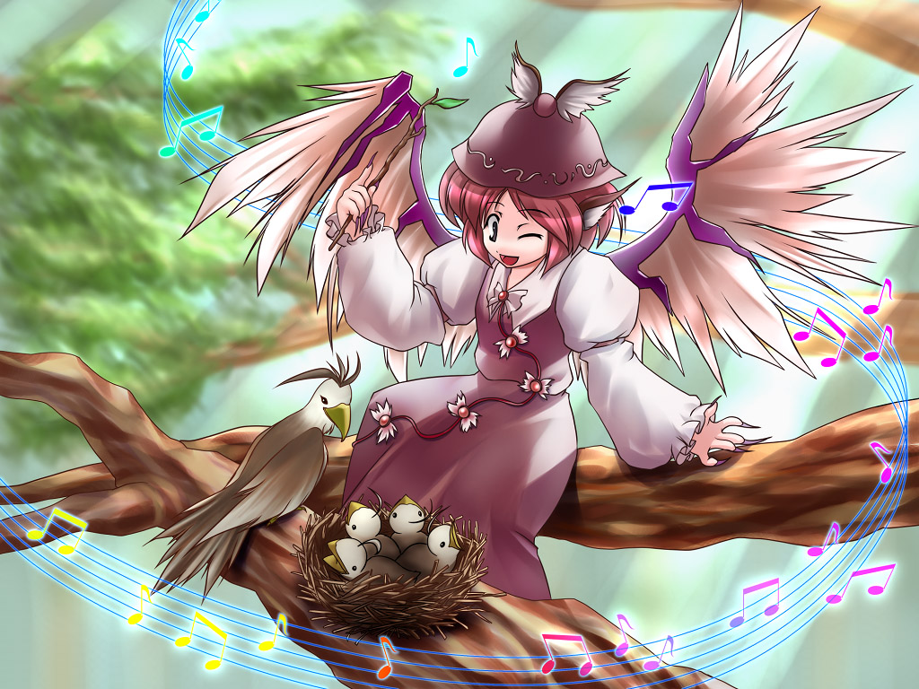1girl animal_ears beamed_quavers bird brown_eyes chick dress female fingernails hat in_tree jerry long_fingernails music musical_note mystia_lorelei nail_polish one_eye_closed pink_hair purple_nails quaver short_hair sitting sitting_in_tree smile solo staff_(music) stick touhou tree wings