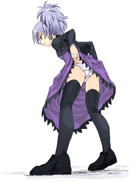 1girl darker_than_black dress panties pantyshot purple_dress purple_skirt satou_atsuki skirt solo thigh-highs underwear yin