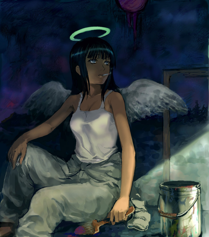 00s cigarette haibane_renmei halo mutsuki_(moonknives) night paint radix reki smoking wings