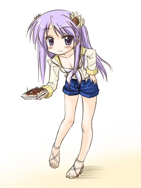 denim denim_shorts feet food high_heels hiiragi_kagami lucky_star masakichi_(crossroad) purple_hair sandals shoes shorts takoyaki toes