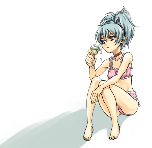 barefoot bikini choker darker_than_black dripping feet food frilled_swimsuit frills ice_cream satou_atsuki sitting soft_serve swimsuit tankini yin