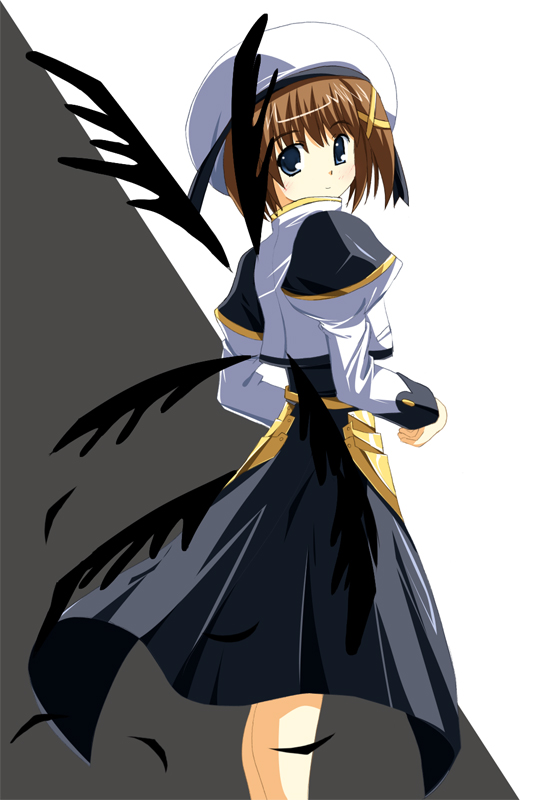 1girl black_wings feathers hat lyrical_nanoha magical_girl mahou_shoujo_lyrical_nanoha mahou_shoujo_lyrical_nanoha_strikers no_gloves odaya odayan solo waist_cape wings x_hair_ornament yagami_hayate