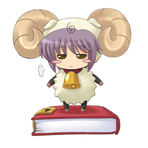 ... 1girl :&lt; bell blush_stickers book chibi cosplay crossover horns kishi_nisen lowres nagato_yuki namesake nanatsuiro_drops parody purple_hair sheep_horns short_hair solo suzumiya_haruhi_no_yuuutsu yuki-chan yuki-chan_(cosplay)