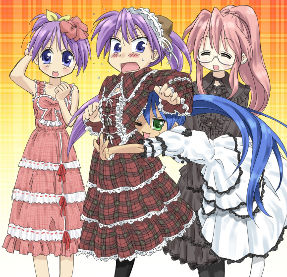 4girls blue_hair blush dress gothic_lolita hiiragi_kagami hiiragi_tsukasa izumi_konata lolita_fashion lucky_star multiple_girls siblings sisters takara_miyuki twins you2