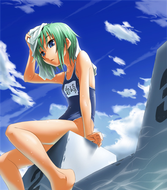 1girl barefoot blue_eyes clouds green_hair iwasaki_minami lucky_star name_tag nilitsu one-piece_swimsuit pool poolside school_swimsuit short_hair sitting sky solo swimsuit