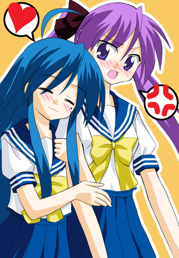 2girls ^_^ anger_vein angry arm_grab arm_holding arm_hug blue_skirt blush bow bowtie closed_eyes head_tilt heart hiiragi_kagami izumi_konata long_hair lucky_star multiple_girls pleated_skirt puffy_short_sleeves puffy_sleeves purple_hair sailor_collar school_uniform serafuku shirt short_sleeves sidelocks skirt spoken_anger_vein spoken_heart twintails very_long_hair violet_eyes white_shirt wkenta yellow_bow yellow_bowtie yuri