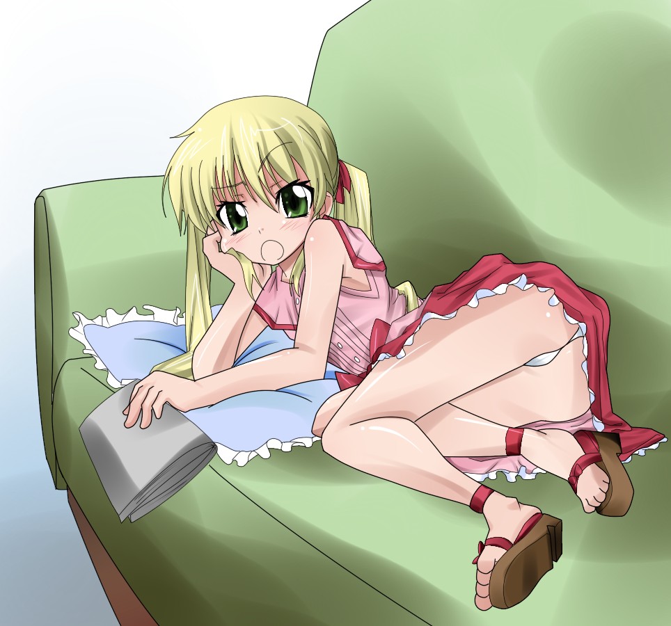 1girl ass blonde_hair book capelet couch dress error frilled_pillow frills green_eyes green_upholstery hayate_no_gotoku! legs long_hair open_mouth panties pantyshot pillow sandals sanzen'in_nagi solo tears thighs twintails underwear upskirt white_panties