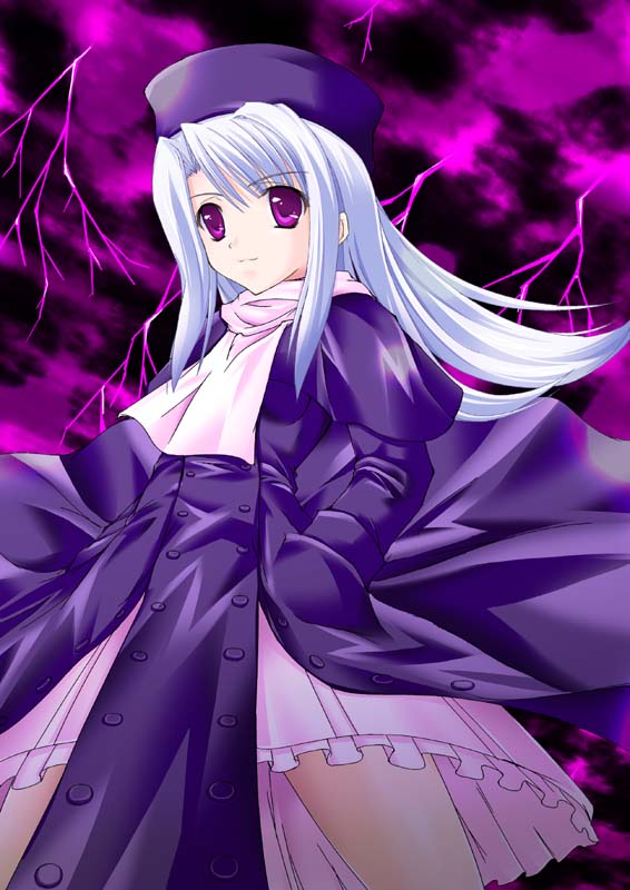 1girl ascot beret closed_mouth dress expressionless fate/stay_night fate_(series) frilled_dress frills hat illyasviel_von_einzbern juliet_sleeves long_sleeves looking_at_viewer maho_(yakimorokoshi) puffy_long_sleeves puffy_sleeves purple_dress purple_hat red_eyes side_slit silver_hair solo standing