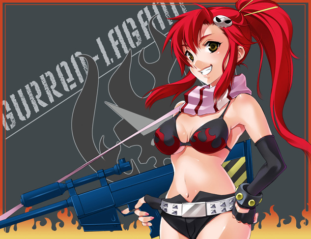 azu elbow_gloves fingerless_gloves fire gloves gun hair_ornament long_hair redhead smile tengen_toppa_gurren_lagann weapon yoko_littner