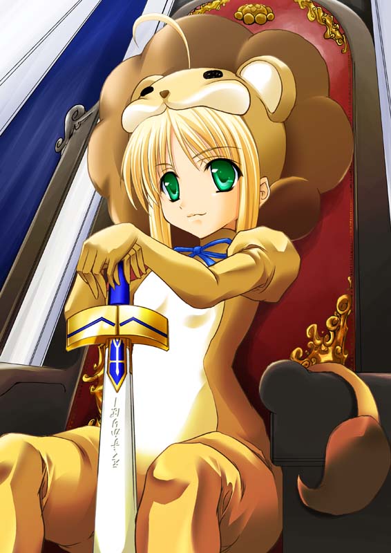 1girl animal_ears blonde_hair cosplay fate/stay_night fate/tiger_colosseum fate_(series) green_eyes lion maho_(yakimorokoshi) saber saber_lion solo sword throne weapon