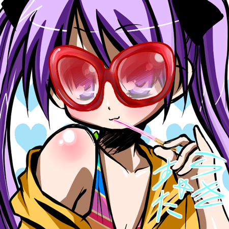 1girl bare_shoulders body_blush breasts cleavage close-up collarbone drinking drinking_straw face glasses hiiragi_kagami holding large_breasts long_hair looking_at_viewer lowres lucky_star nukunuku portrait purple_hair red-framed_eyewear red-framed_glasses shade smile solo sunglasses swimsuit twintails upper_body violet_eyes