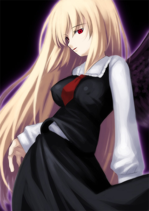 1girl alternate_hair_length alternate_hairstyle black_wings blonde_hair breasts erect_nipples ex-rumia female large_breasts long_hair necktie older red_eyes rumia solo the_embodiment_of_scarlet_devil touhou wings youkai