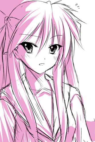 1girl hiiragi_kagami lowres lucky_star monochrome pink ryuushou sketch solo