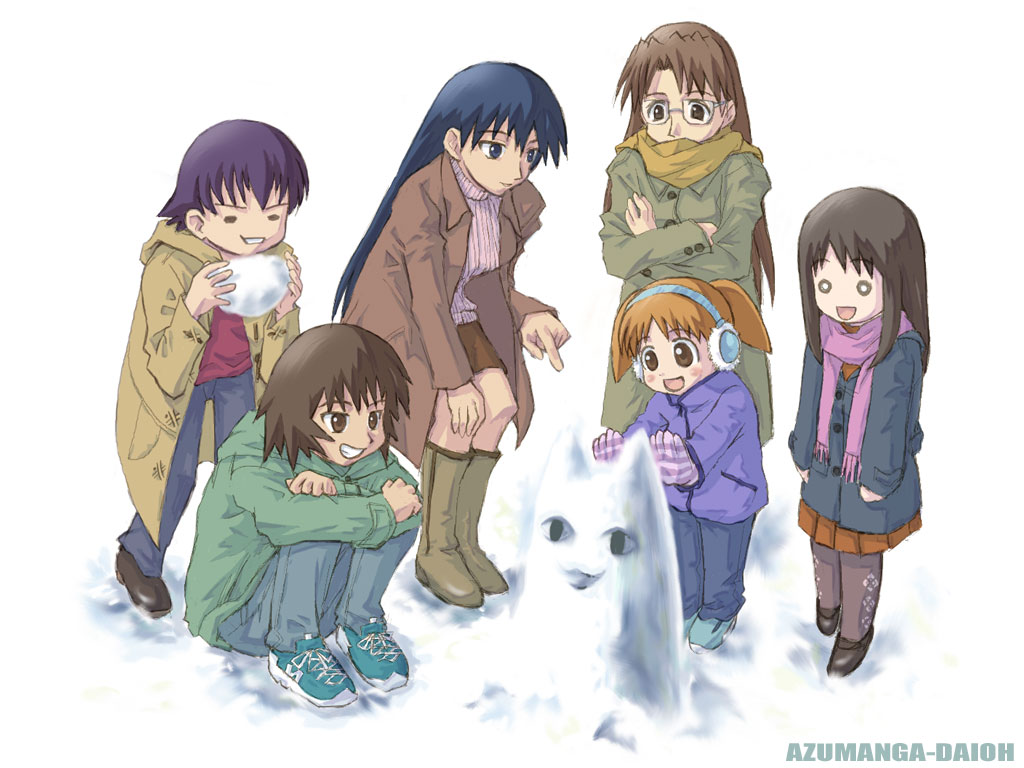 6+girls azumanga_daioh blue_hair brown_eyes brown_hair child copyright_name earmuffs everyone glasses gloves kagura kagura_(azumanga_daiou) kasuga_ayumu long_hair mihama_chiyo mizuhara_koyomi multiple_girls orange_hair purple_hair sakaki short_twintails snow takino_tomo twintails winter