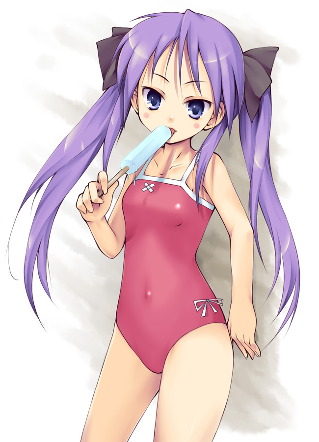 1girl blue_eyes blue_hair flat_chest hair_ribbon hiiragi_kagami long_hair lucky_star one-piece_swimsuit popsicle purple_hair ribbon solo standing swimsuit twintails waku