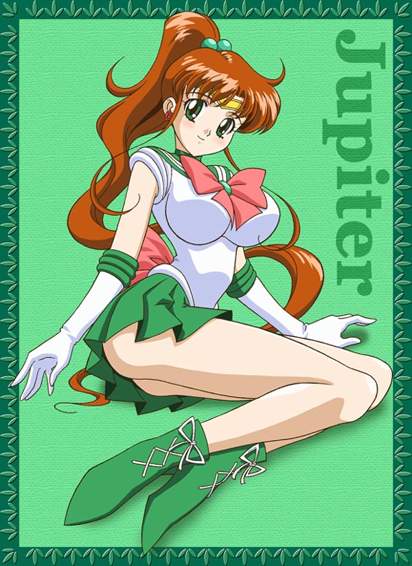 1girl 90s artist_request bishoujo_senshi_sailor_moon boots bow breasts brown_hair character_name choker earrings elbow_gloves gloves green green_background green_boots green_eyes green_skirt hair_bobbles hair_ornament impossible_clothes impossible_shirt jewelry kino_makoto large_breasts legs long_hair magical_girl pink_bow ponytail sailor_jupiter school_uniform serafuku shirt skirt solo tiara white_gloves
