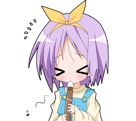 &gt;_&lt; blue_eyes blue_hair chibi closed_eyes hiiragi_tsukasa instrument lowres lucky_star musical_note paco recorder