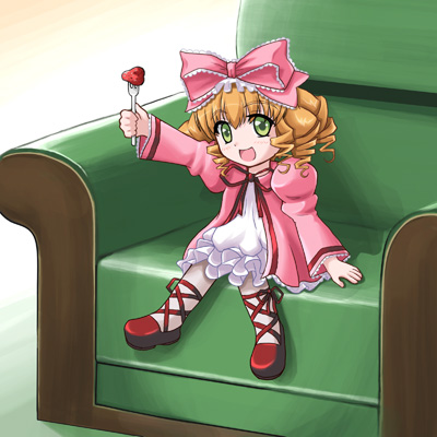 00s 1girl :d armchair blonde_hair bow chair doll drill_hair food fork fruit green_eyes hair_ribbon hina_ichigo lowres object_namesake open_mouth pink_bow red_shoes ribbon rozen_maiden shoes sitting smile solo source_request strawberry