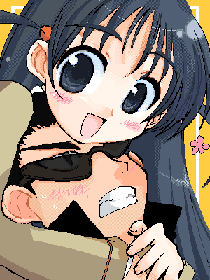 00s 1boy 1girl :d arms_around_neck black_hair blush clenched_teeth harima_kenji hug hug_from_behind long_hair lowres oekaki open_mouth school_rumble short_twintails smile sunglasses teeth tsukamoto_tenma twintails