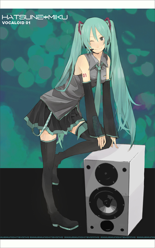 1girl hatsune_miku long_hair solo speaker thigh-highs twintails very_long_hair vocaloid yoshito