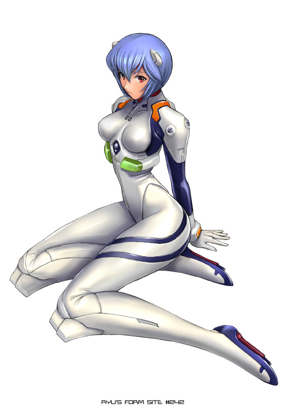 1girl arm_support arms_behind_back artist_name ayanami_rei bangs blue_hair bodysuit bracer breasts breasts_apart closed_mouth expressionless female from_side full_body gloves hair_between_eyes headgear knee_pads large_breasts legs long_legs looking_at_viewer neon_genesis_evangelion number pilot_suit plugsuit red_eyes ryu_(ryu's_former_site) short_hair simple_background sitting slender_waist solo thighs turtleneck white_background white_bodysuit yokozuwari