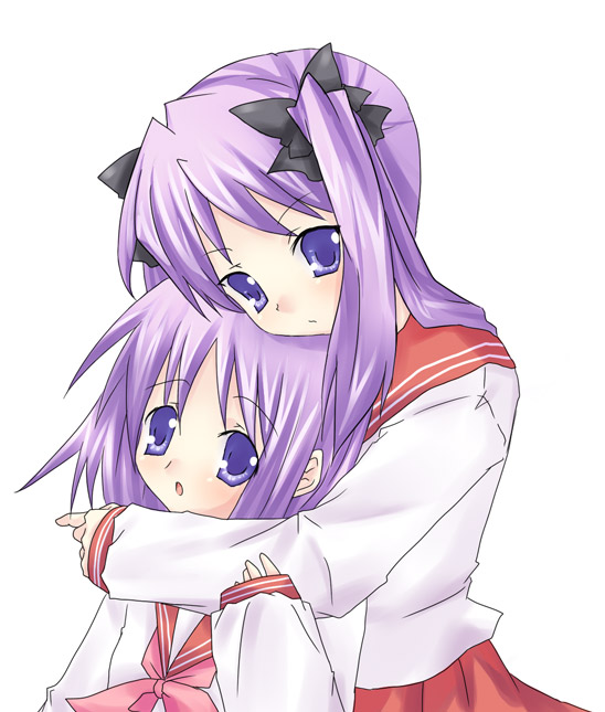 2girls ascot blue_eyes blue_hair bow hair_bow hand_on_another's_arm head_rest hiiragi_kagami hiiragi_tsukasa hug hug_from_behind long_hair long_sleeves looking_at_viewer lucky_star multiple_girls purple_hair school_uniform serafuku short_hair siblings simple_background sisters twins twintails umitosoratomoe white_background