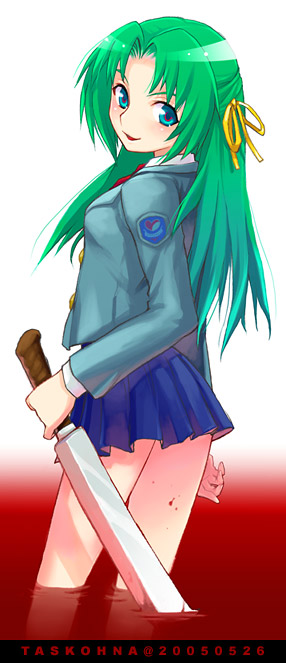 00s 1girl 2005 billhook blood blue_eyes dated green_hair half_updo hatchet higurashi_no_naku_koro_ni holding long_hair school_uniform skirt solo sonozaki_shion task_owner yandere