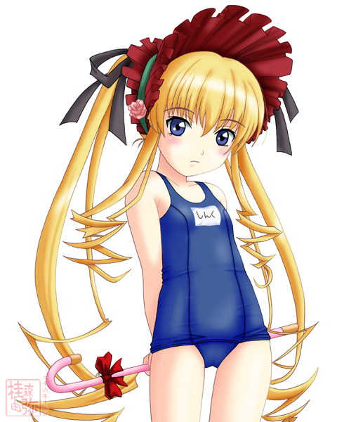 00s blonde_hair blue_eyes bonnet cane flat_chest long_hair one-piece_swimsuit rozen_maiden school_swimsuit shinku swimsuit twintails