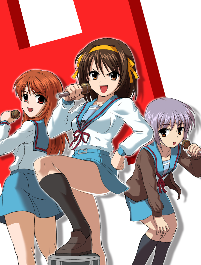 asahina_mikuru brown_hair g-tetsu microphone nagato_yuki school_uniform serafuku short_hair suzumiya_haruhi suzumiya_haruhi_no_yuuutsu