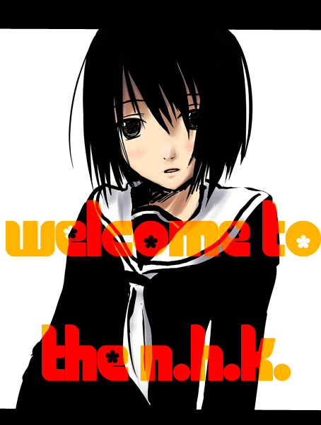 1girl bangs black_eyes black_hair blush bob_cut copyright_name crimsongarden english flat_chest letterboxed looking_at_viewer nakahara_misaki nhk_ni_youkoso! open_mouth school_uniform serafuku short_hair simple_background solo text upper_body