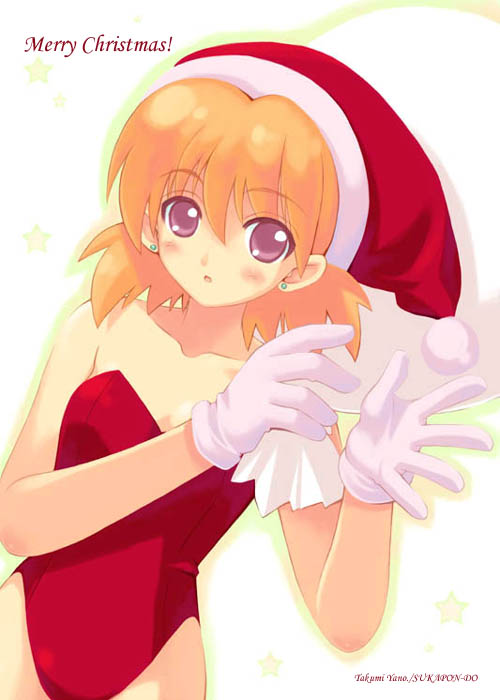 1girl artist_name bare_shoulders christmas collarbone ear_studs earrings gloves hands hat jewelry jpeg_artifacts leotard looking_at_viewer merry_christmas orange_hair pom_pom_(clothes) redhead sack santa_costume santa_hat sasamori_karin solo star stud_earrings to_heart_2 violet_eyes white_gloves yano_takumi