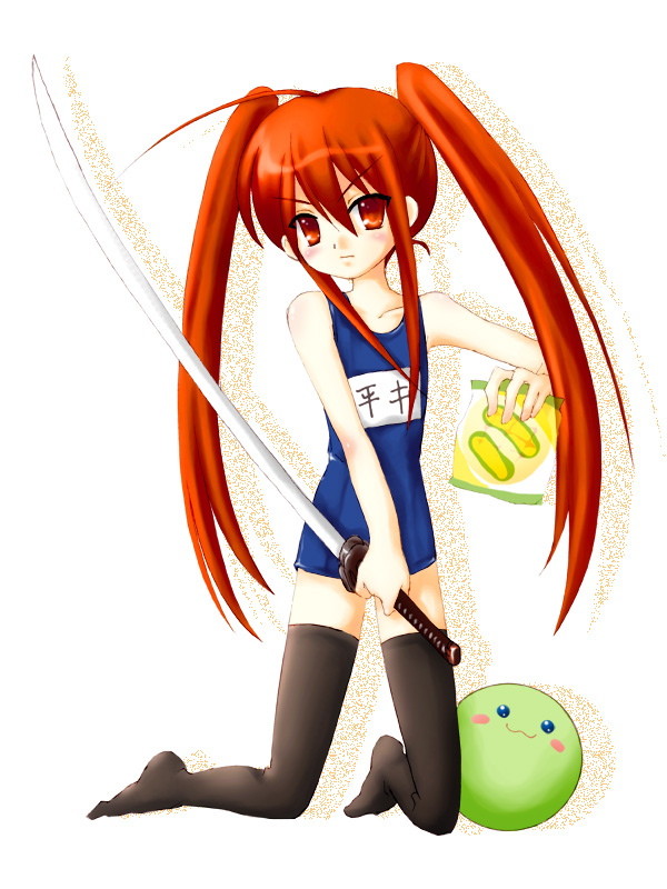 bread food happiness! long_hair melon_bread one-piece_swimsuit piku red_eyes redhead school_swimsuit shakugan_no_shana shana swimsuit sword tama_(happiness) thigh-highs twintails weapon